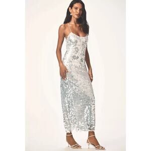NWT Mare Mare Sequin Column Midi Dress Silver Open back Anthropologie L